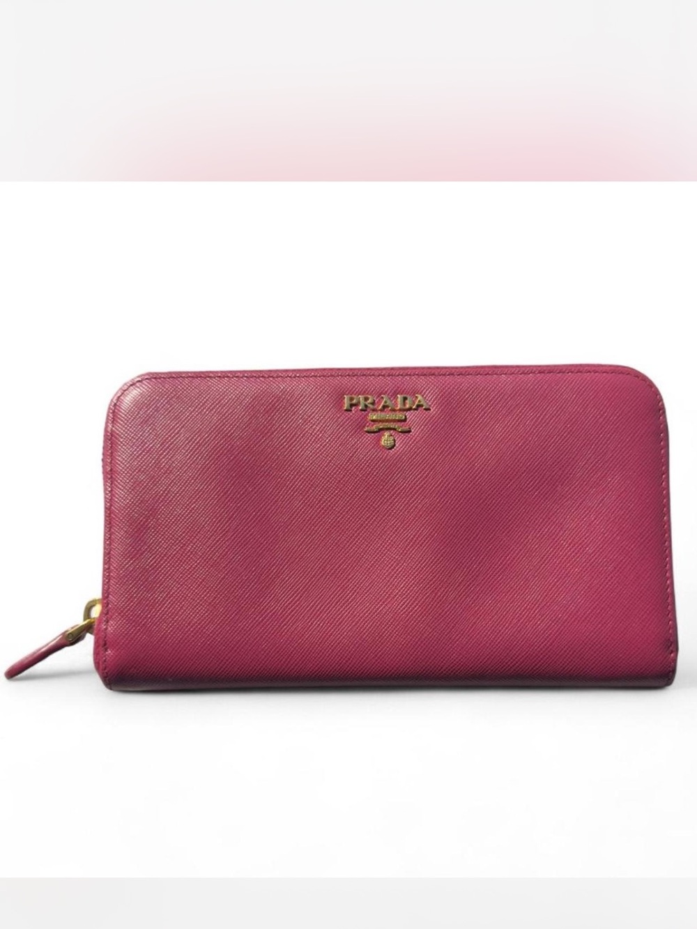 Prada Saffiano Zip-Around Wallet in Berry Pink with Gold Logo